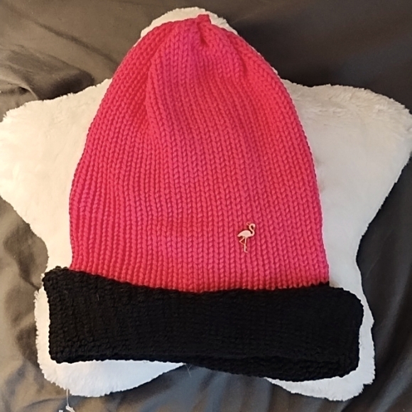 Bright Pink and black knit beanie hat adult sz with POM and Flamingo - Picture 2 of 8